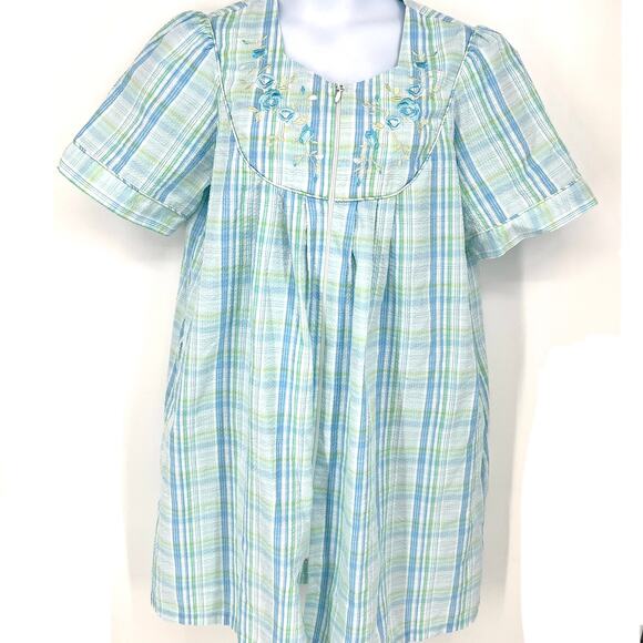 Miss Elaine Womens Seersucker Full Zip Robe Housecoat Size XL Blue Plaid - Picture 1 of 9